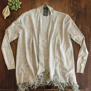 Chelsea & Theodore | Gray Drape Front Cardigan w/Fringe Hem